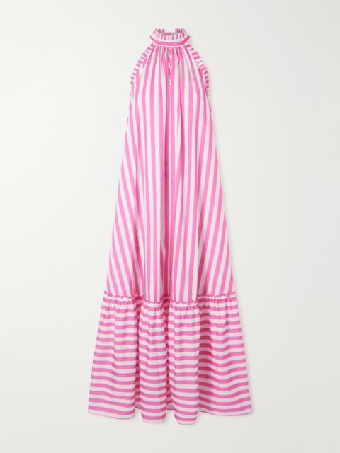 Melinda Ruched Striped Cotton-poplin Halterneck Maxi Dress