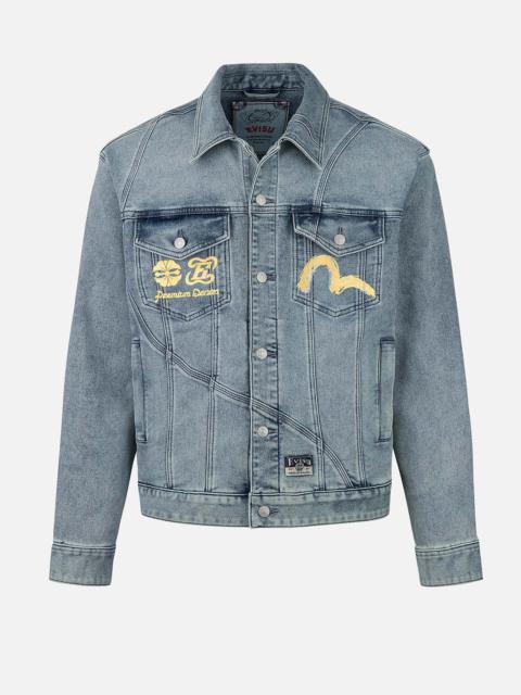 Artistic Brush Daicock Print Relax Fit Denim Jacket