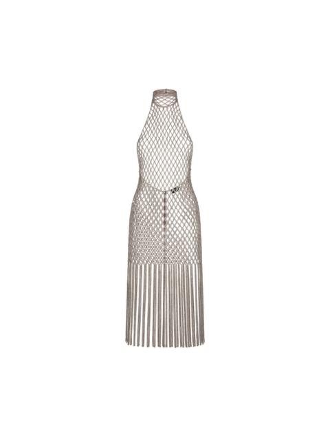 CORD NET EMBROIDERY WITH FRINGE HALTERNECK COCKTAIL DRESS