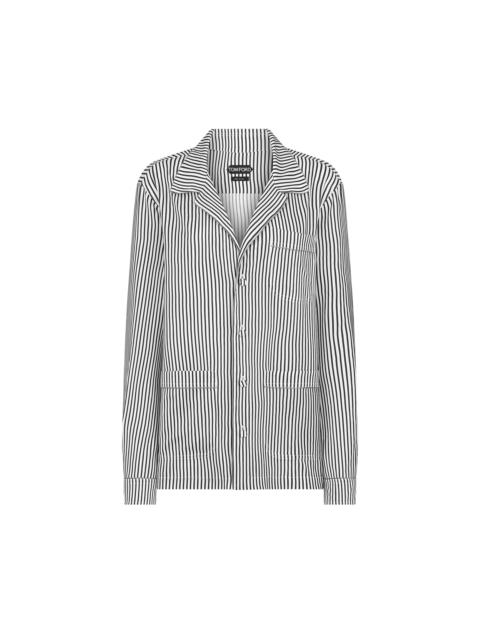 STRIPED SILK PJ SHIRT WITH PIPING AND TONAL TF EMBROIDERED LOGO