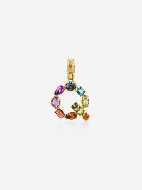 Rainbow alphabet Q 18 kt yellow gold charm with multicolor fine gems