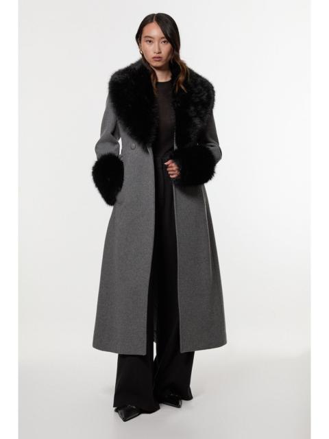 Wool Blend Detachable Faux Fur Belted Midi Coat