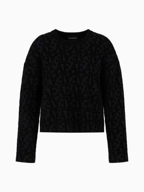 Viscose jumper with all-over flocked-effect jacquard EA logo