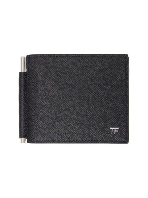 Black Small Grain Leather T Line Money Clip Wallet