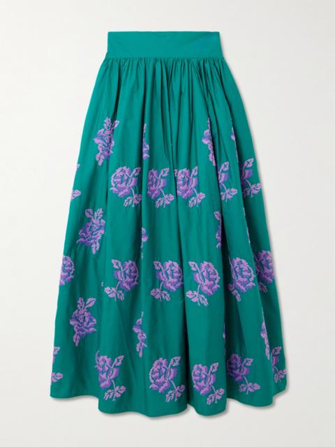 Vanessa Pleated Embroidered Cotton-poplin Maxi Skirt