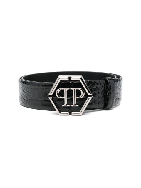 hexagon logo-buckle leather belt