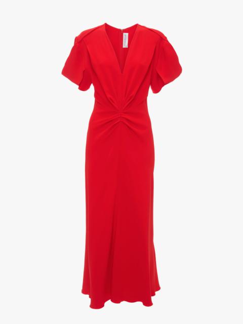 Gathered V-Neck Midi Dress In Tomato