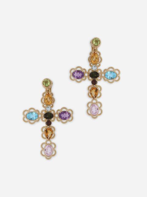 18 kt yellow gold clip-on earrings with pin and with multicolor fine gemstones
