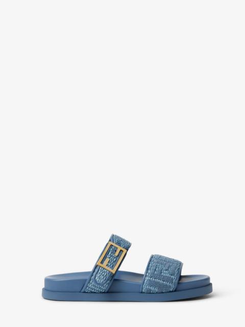 Fendi Feel Light blue raffia-effect material slides