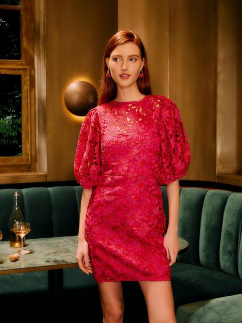 Pink Flowered Lace Puff Sleeve Lined Mini Dress