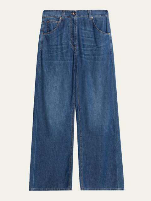 Lightweight Denim Wide-Leg Jeans With Monili Trim