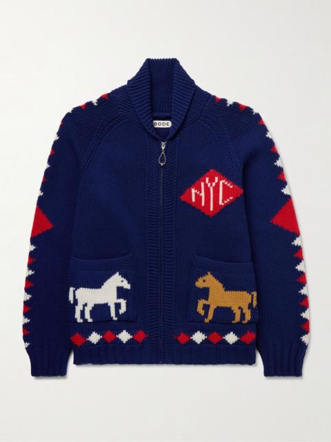 Diamond Corral Shawl-Collar Merino Wool-Jacquard Cardigan Blue