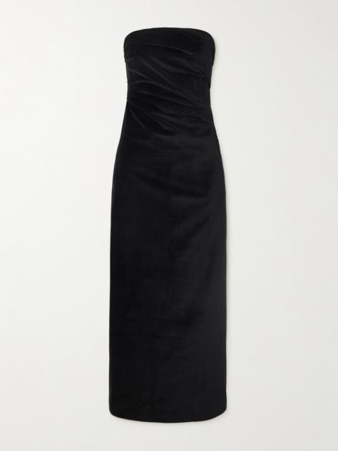 Sabella Strapless Ruched Cotton-blend Velvet Midi Dress