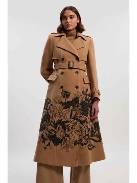 Wool Placement Print Tailored Double Breasted Belted Midi Coat