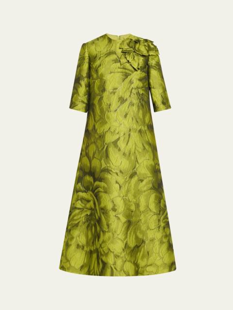 Cloque Brocade 3/4-Sleeve Midi Dress