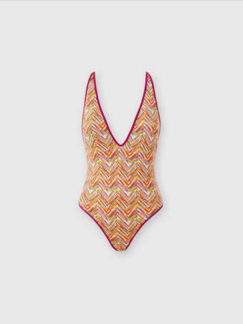 Reversible one-piece swimsuit with print and V-neck