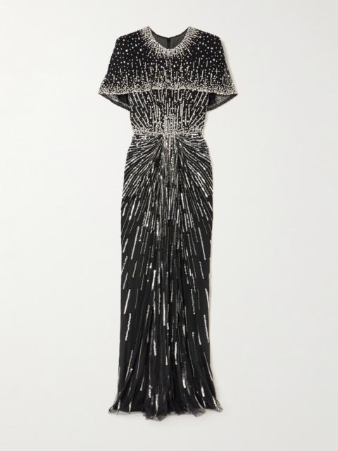 Dido Cape-effect Embellished Draped Tulle Gown