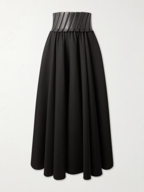 Leather-trimmed Wool-gabardine Midi Skirt