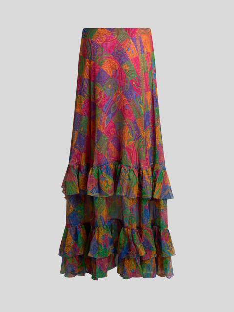 SILK CREPON MAXI SKIRT WITH RUFFLES AND GEOMETRIC PAISLEY MOTIF