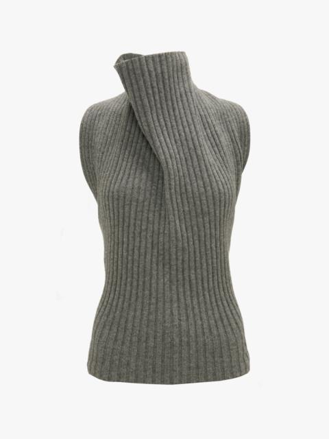 Draped Sleeveless Rib Top In Grey Melange
