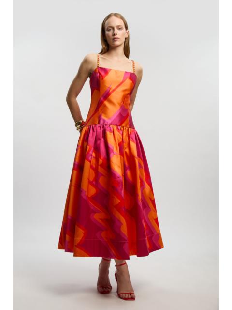 Abstract Print Twill Contrast Strappy Woven Maxi Dress