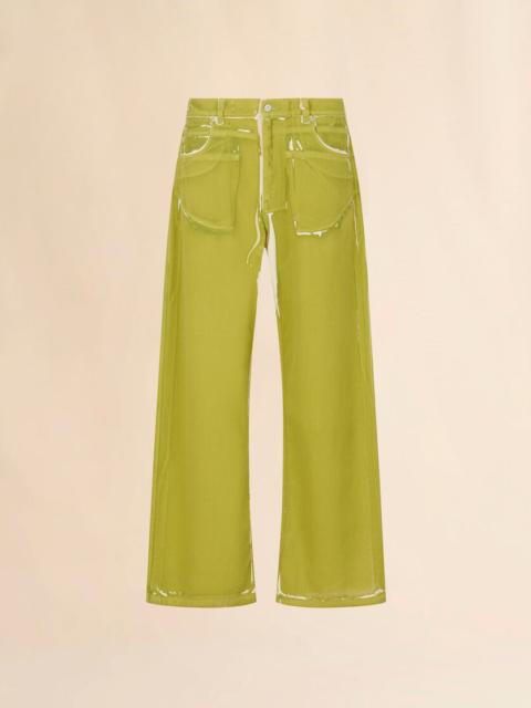GREEN SCREEN-PRINTED DENIM WIDE-LEG PANTS