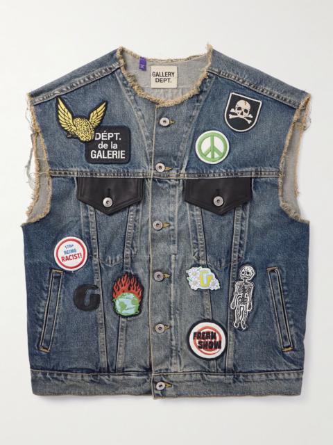 Midnight Leather-Trimmed Appliquéd Denim Vest Blue