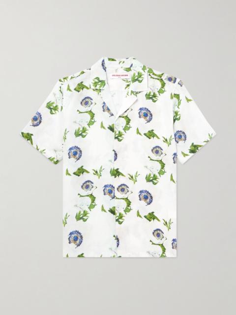 Maitan Camp-Collar Floral-Print Linen Shirt White