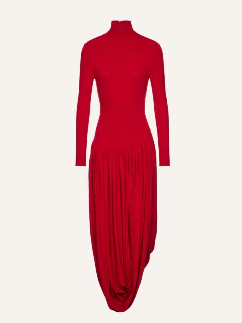 Open-leg long-sleeve draped midi dress in black