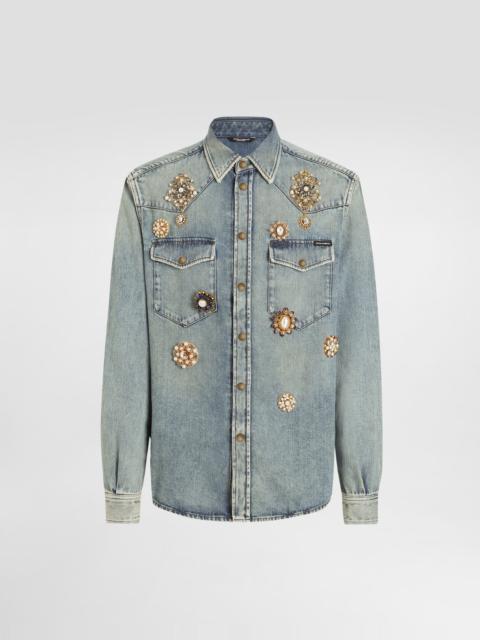 Denim shirt with bejeweled appliqués