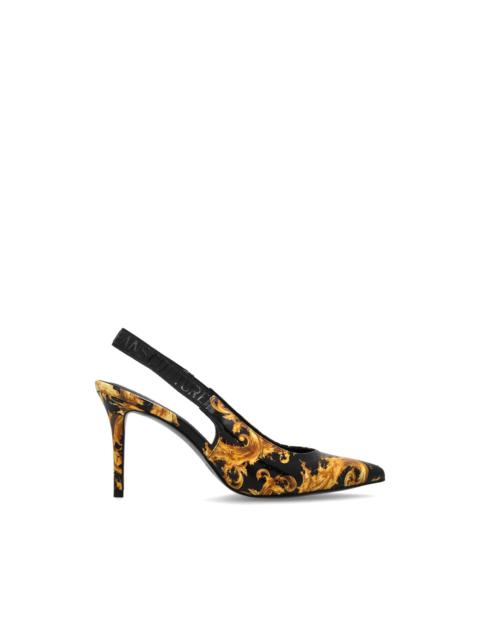 Baroque-pattern slingback pumps