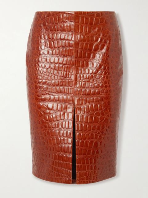Croc-effect leather skirt Brown