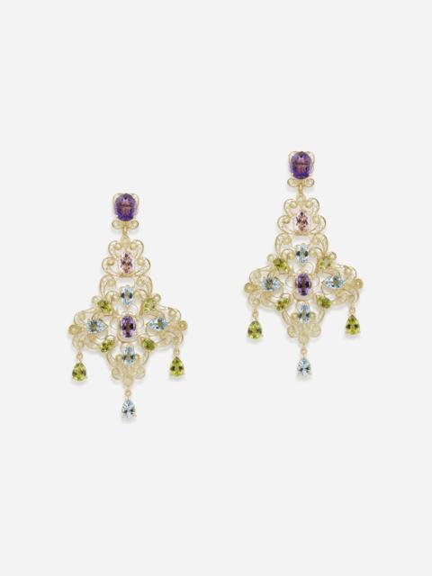 Pizzo earrings in yellow gold filigree with amethysts, aquamarines, peridots and morganites