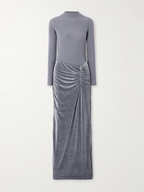 Borelli Appliquéd Gathered Open-back Jersey-trimmed Velvet Maxi Dress