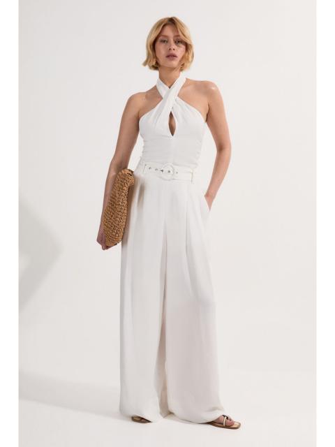 Premium Viscose Linen Cross Front Halter Belted Woven Wide Leg Jumpsuit