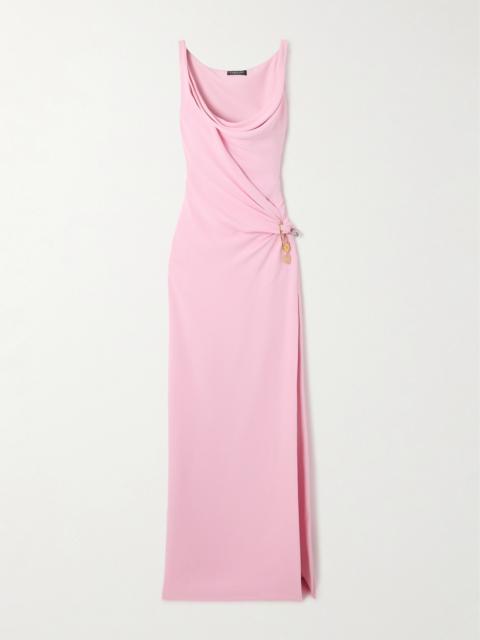 Embellished Draped Wrap-effect Silk-cady Gown