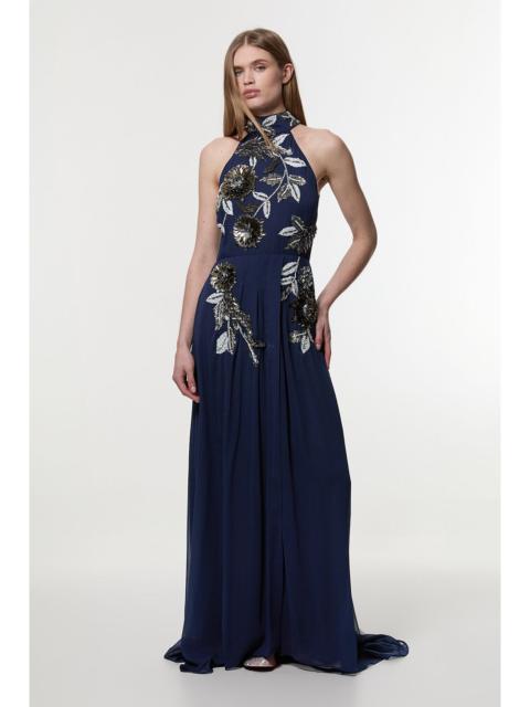 Petite Floral 3D Embellished Halter Tie Neck Woven Maxi Dress