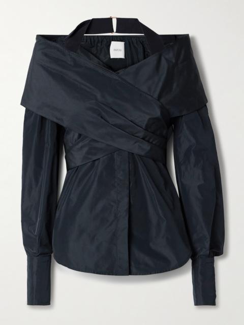 Off-the-shoulder Wrap-effect Sateen Blouse