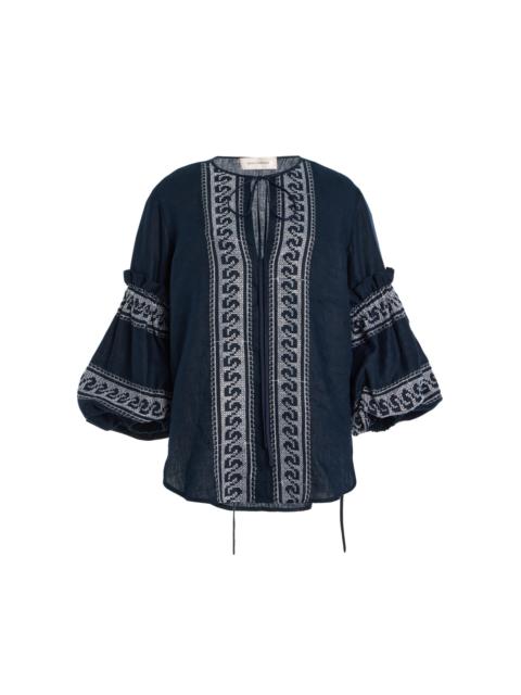 Lucaya Embroidered Linen-Blend Blouse navy