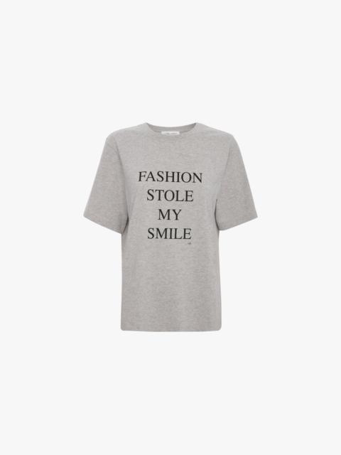 'Fashion Stole My Smile' Slogan T-Shirt In Grey Marl