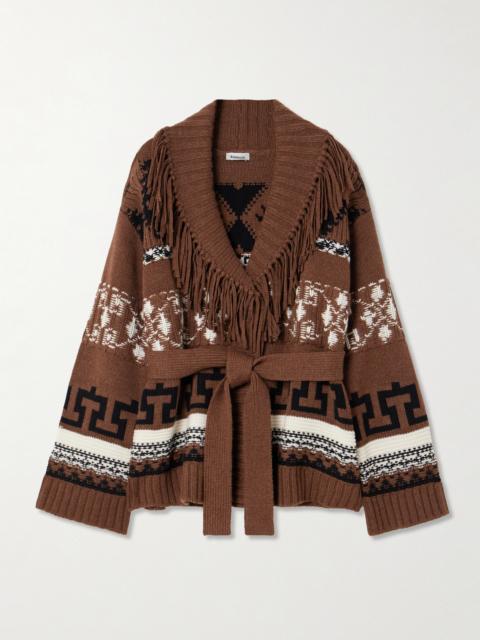 Elwood Belted Fringed Intarsia Wool And Cashmere-blend Cardigan
