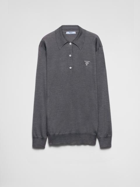 Long-sleeved silk polo shirt