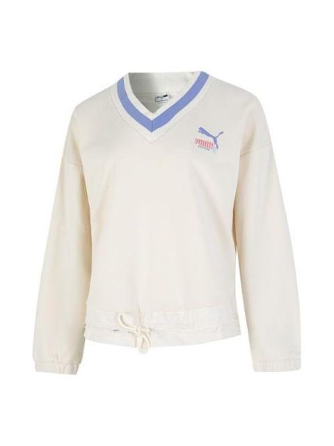 (WMNS) PUMA Logo V neck Sweatshirt 'White' 537524-65