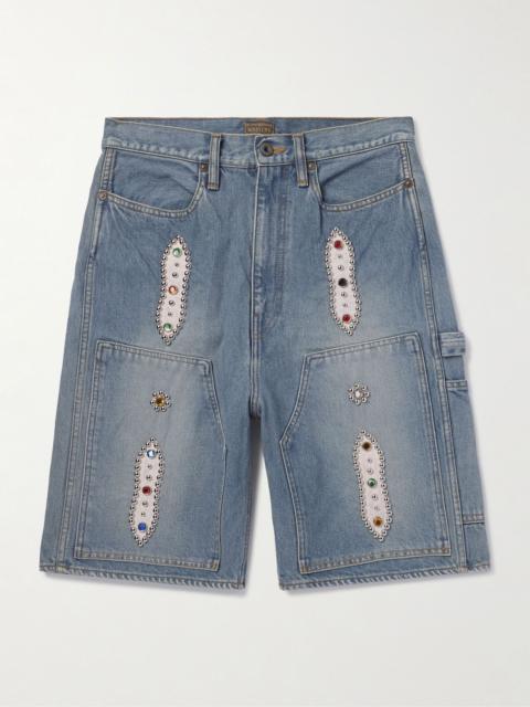 Straight-Leg Leather-Trimmed Embellished Denim Shorts Blue