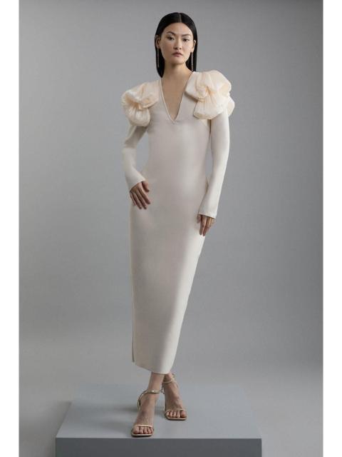 Figure Form Bandage Knit Silk Ruffle Shoulder Detail Midaxi Dress