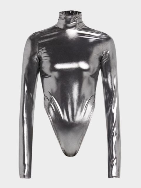 Mock-Neck Shiny Jersey Long-Sleeve Bodysuit