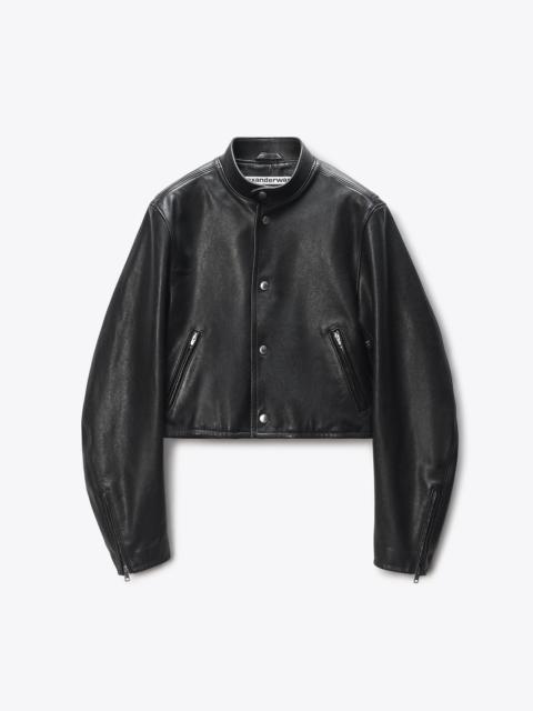 Black Glossy Leather Cropped Moto Jacket