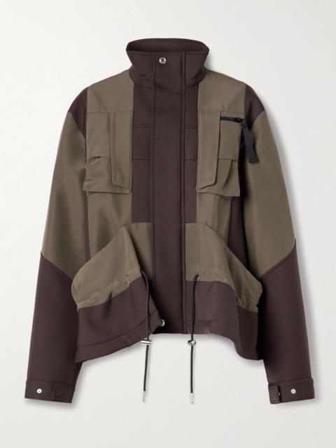Draped paneled scuba and cotton-blend grosgrain jacket Brown