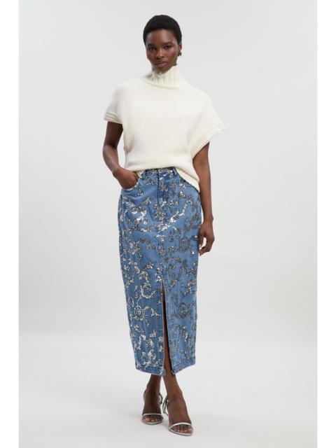 Sequin Denim Pencil Skirt