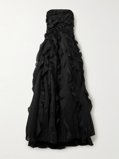 Allairie Strapless Ruffled Shirred Faille Gown